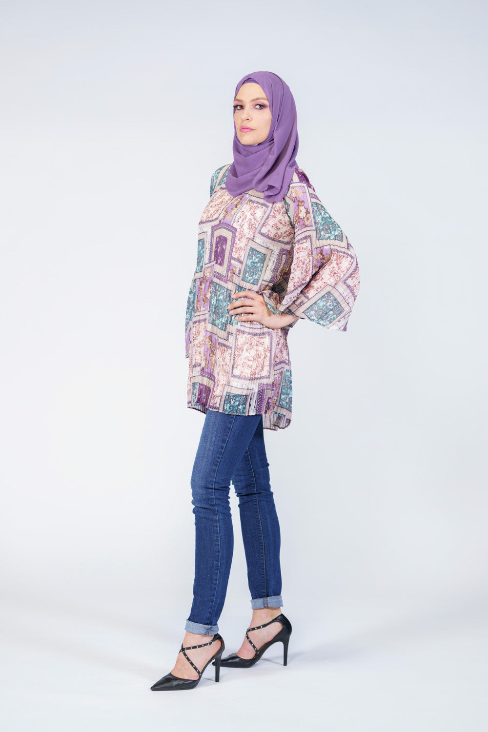 Geo Print Lace Trim Modest Blouse | Purple