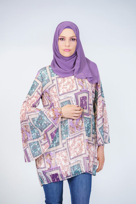 Geo Print Lace Trim Modest Blouse | Purple