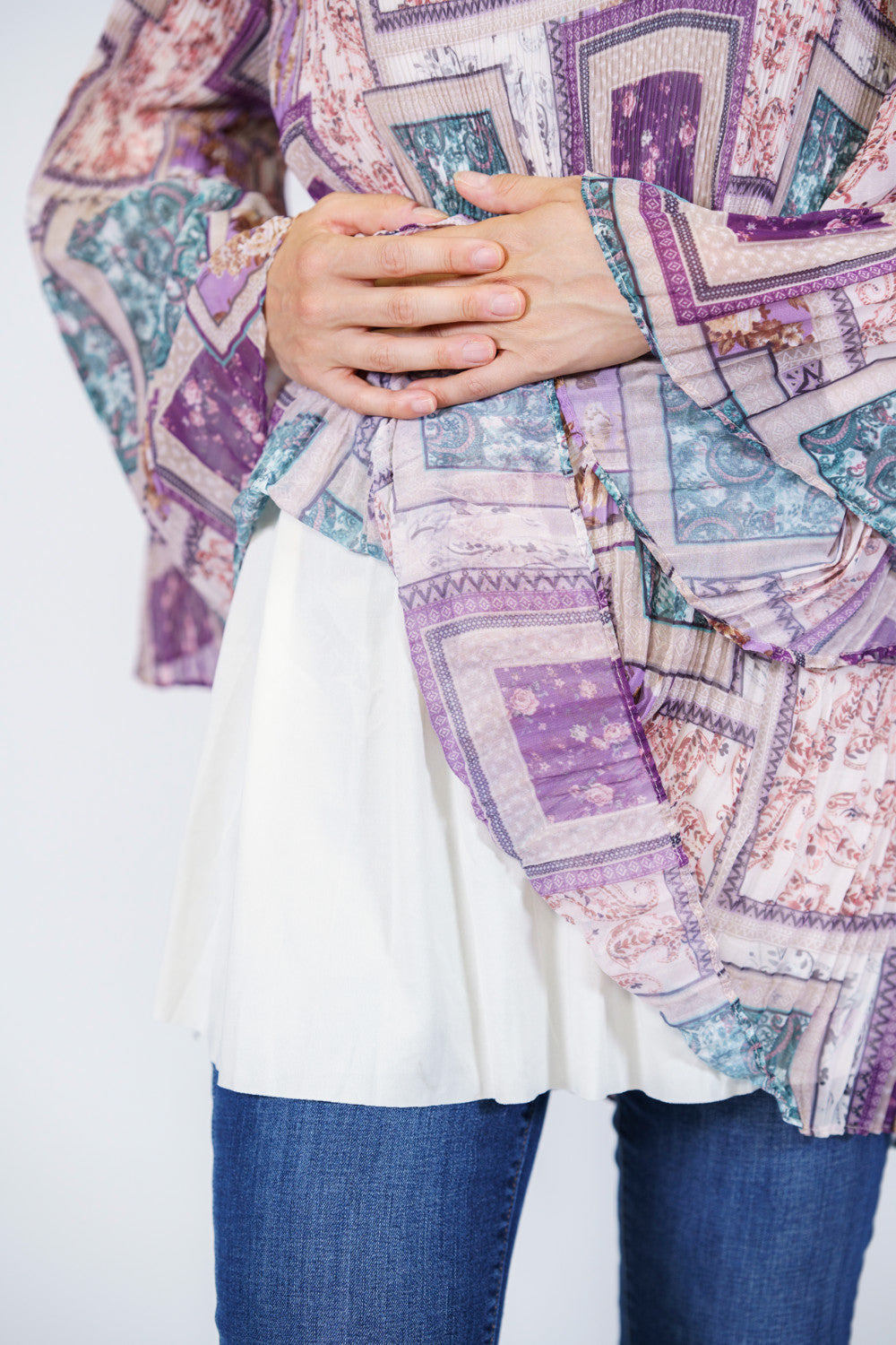 Geo Print Lace Trim Modest Blouse | Purple