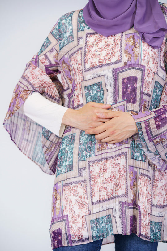 Geo Print Lace Trim Modest Blouse | Purple