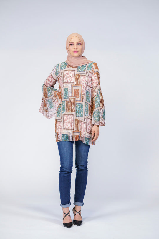 Geo Print Lace Trim Modest Blouse | Beige