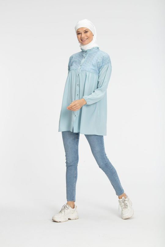 ‘ELLA’ Button Up Top | Baby Blue Top Dana Fashion 